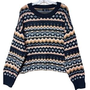 Volcom Womens Fair Isle Geometric Knit Sweater Womens XS/S Black Tan Crewneck